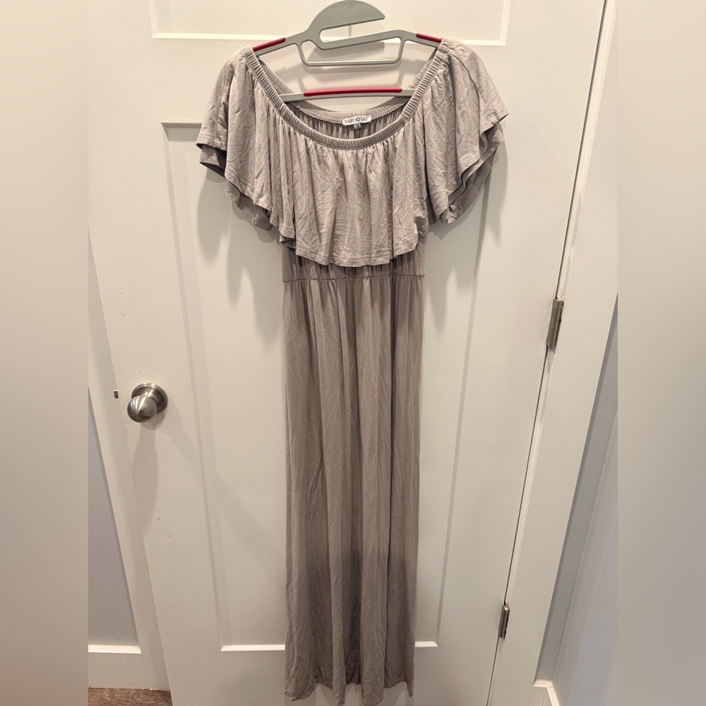 Mary Square Taupe Off-Shoulder Ruffle Maxi Dress Medium